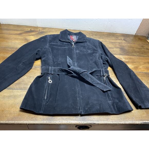 G-III Vtg Suede Jacket Women Medium Black 100% Leather Coat Quilted Belt Y2K 90s - Picture 5 of 11
